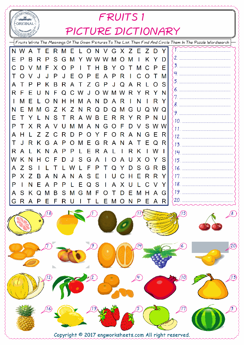 For kids, check the picture of Fruits find, and write the word and find it in the word puzzle ESL printable worksheet. 